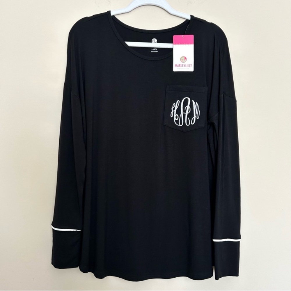 NWT Marley Lilly Black Long Sleeve Monogram Pocket Pajama Top